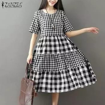ZANZEA Женские повседневные платья А-силуэта с круглым вырезом и коротким рукавом в клетку контрастного цвета S светло-синий