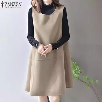 ZANZEA Женские повседневные платья А-силуэта с круглым вырезом без рукавов из трикотажного плюша S чёрный