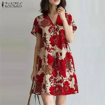 ZANZEA Женские повседневные платья А-силуэта с V-образным вырезом и короткими рукавами с принтом S зелёный