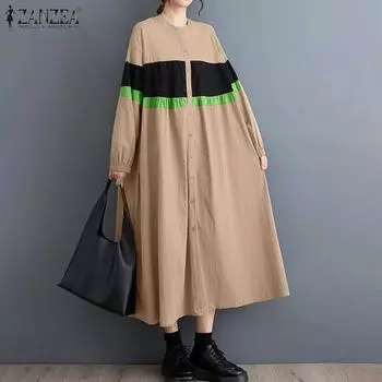 ZANZEA Женские повседневные платья-рубашки А-силуэта с воротником-стойкой и длинным рукавом в стиле «фонарик» с цветными блоками S чёрный