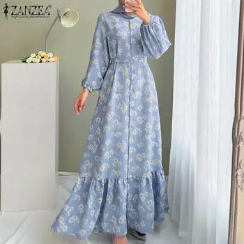 ZANZEA Женские повседневные платья с цветочным принтом и длинными рукавами и оборками S зелёный