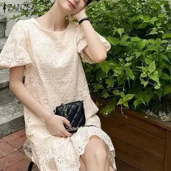 ZANZEA Женские повседневные платья с круглым вырезом и коротким рукавом с принтом 3XL бежевый