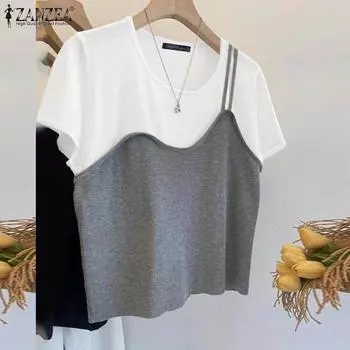 ZANZEA Женские повседневные поддельные двухсекционные футболки с коротким рукавом в стиле пэчворк S чёрный