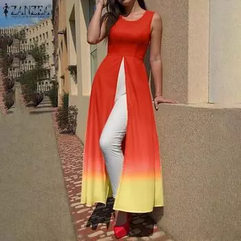 ZANZEA Женские повседневные поддельные двухсекционные летние длинные комбинезоны без рукавов XL красный