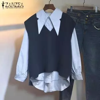 ZANZEA Женские повседневные поддельные рубашки из двух частей с длинным рукавом контрастного цвета S темно-синий