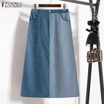 ZANZEA Женские повседневные полосатые лоскутные свободные юбки S светло-синий