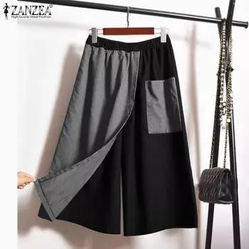 ZANZEA Женские повседневные полосатые свободные укороченные брюки S темно-синий