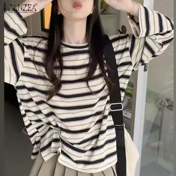 ZANZEA Женские повседневные полосатые трикотажные футболки с круглым вырезом и длинным рукавом S чёрный