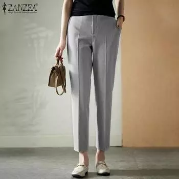 ZANZEA Женские повседневные прямые однотонные свободные брюки со средней талией и боковым карманом S серый