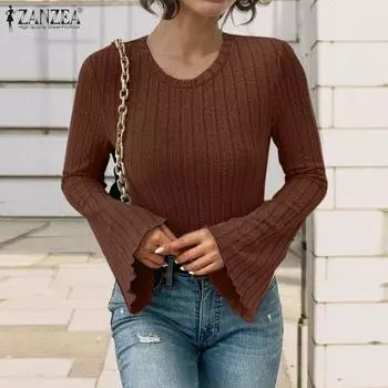 ZANZEA Женские повседневные расклешенные футболки с длинным рукавом и круглым вырезом S чёрный