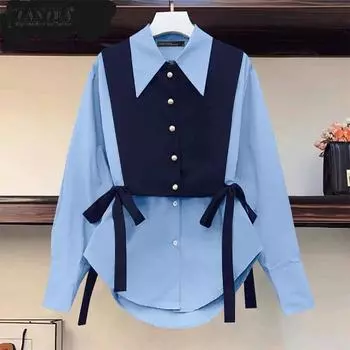 ZANZEA Женские повседневные рубашки из двух частей с цветным галстуком и длинным рукавом M синий
