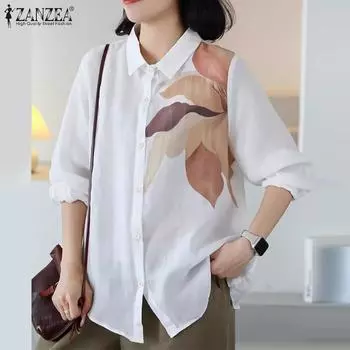 ZANZEA Женские повседневные рубашки с длинным рукавом и цветочным принтом S белый