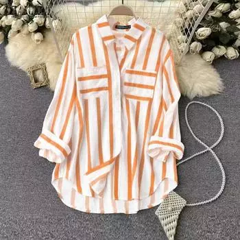 ZANZEA Женские повседневные рубашки с длинным рукавом в полоску и карманами 4XL зелёный