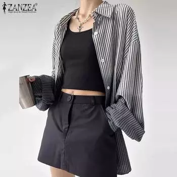 ZANZEA Женские повседневные рубашки с длинным рукавом в полоску и градиентом S синий