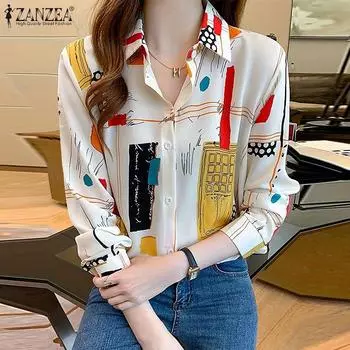 ZANZEA Женские повседневные рубашки с длинным рукавом и контрастным принтом S белый