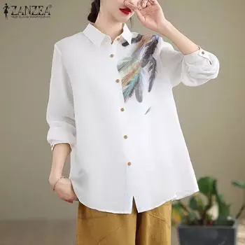 ZANZEA Женские повседневные рубашки с длинным рукавом и воротником-стойкой с принтом S жёлтый