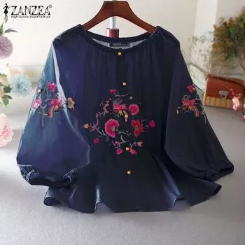 ZANZEA Женские повседневные рубашки с круглым вырезом и рукавом 3/4 с цветочным принтом S темно-синий