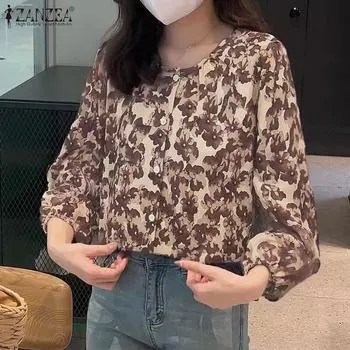 ZANZEA Женские повседневные рубашки с круглым вырезом и длинным рукавом с цветочным принтом M хаки