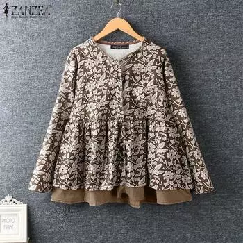 ZANZEA Женские повседневные рубашки с круглым вырезом и длинным рукавом с цветочным принтом и контрастными цветами M коричневый