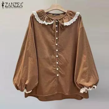 ZANZEA Женская повседневная рубашка с кружевными лацканами и длинным рукавом с галстуком M темно-синий