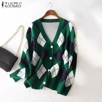 ZANZEA Женские повседневные рубашки с V-образным вырезом и длинным рукавом в клетку контрастного цвета S чёрный