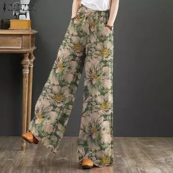 ZANZEA женские повседневные широкие брюки с эластичной резинкой на талии и цветочным принтом S хаки