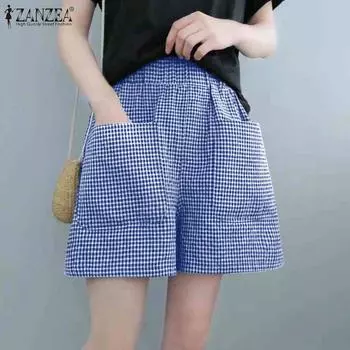 ZANZEA Женские повседневные шорты с эластичным поясом и свободным сетчатым принтом S чёрный