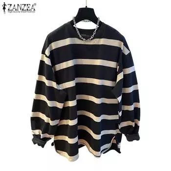 ZANZEA Женские повседневные свитера с длинным рукавом в осеннюю полоску S чёрный