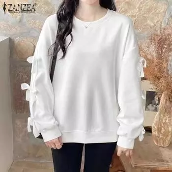 ZANZEA Женские повседневные свитера с круглым вырезом и длинным рукавом, украшенные галстуком M серый