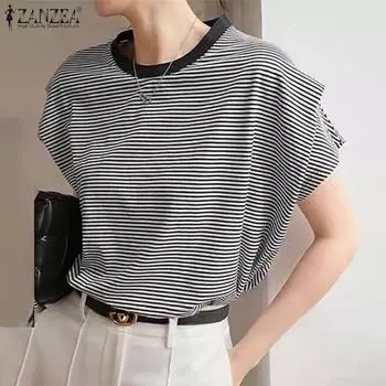 ZANZEA женские повседневные свободные блузки с круглым вырезом, двухслойные, с короткими рукавами и контрастными полосками 4XL чёрный