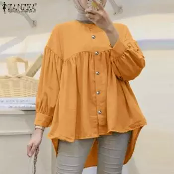 ZANZEA Женские повседневные свободные блузки с круглым вырезом и длинными рукавами