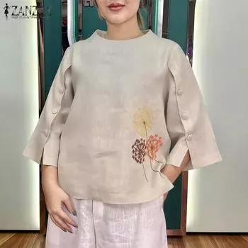 ZANZEA Женские повседневные свободные блузки с круглым вырезом и рукавами 3/4, вышитыми пуговицами S бежевый