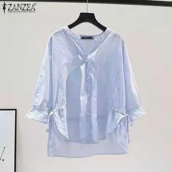 ZANZEA женские повседневные свободные блузки с круглым вырезом, рукавами 3/4 и пуговицами на шнурке на талии