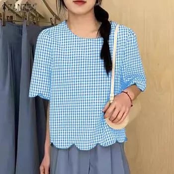 ZANZEA Женские повседневные свободные блузки в клетку с круглым вырезом и короткими рукавами S красный