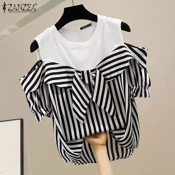 ZANZEA Женские повседневные свободные блузки в полоску с круглым вырезом и короткими рукавами с открытыми плечами S чёрный