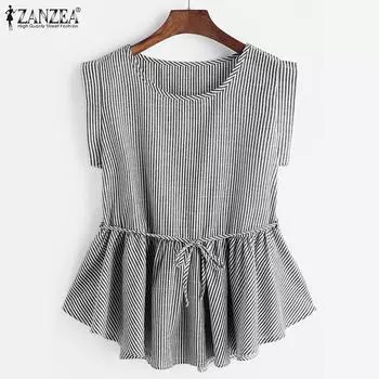 ZANZEA Женские повседневные свободные блузки в полоску с круглым вырезом и короткими рукавами S чёрный