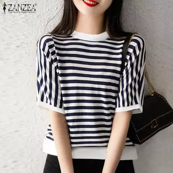 ZANZEA Женские повседневные свободные блузки в полоску с круглым вырезом и половиной рукава XL коричневый