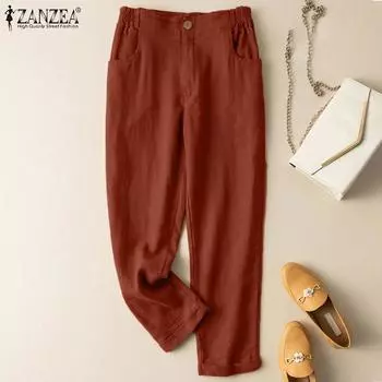 ZANZEA Женские повседневные свободные брюки из хлопка с эластичной резинкой на талии XL хаки