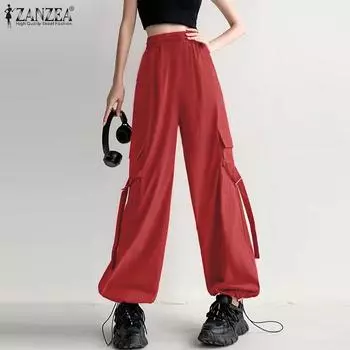 ZANZEA Женские повседневные свободные брюки-карго с эластичной резинкой на талии XL чёрный