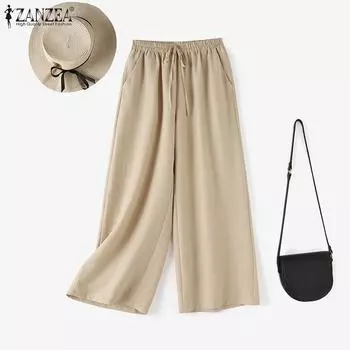 ZANZEA Женские повседневные свободные брюки с эластичной резинкой на талии S хаки