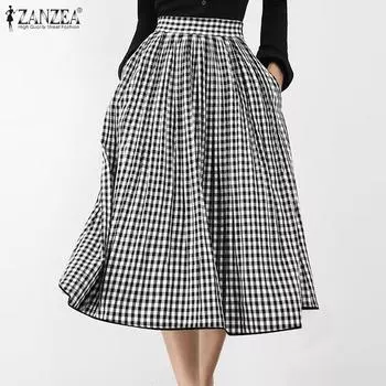 ZANZEA Женские повседневные свободные длинные юбки А-силуэта с клетчатым принтом 4XL чёрный
