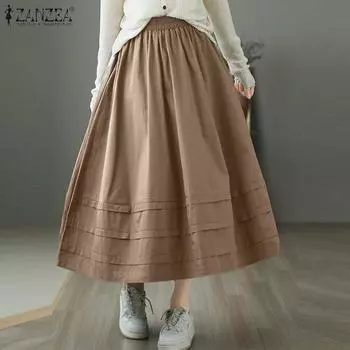 ZANZEA Женские повседневные свободные длинные юбки А-силуэта с эластичной резинкой на талии S зелёный