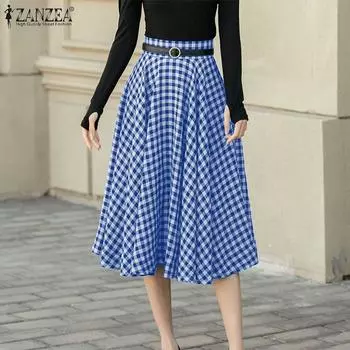 ZANZEA Женские повседневные свободные длинные юбки А-силуэта с клетчатым принтом S чёрный
