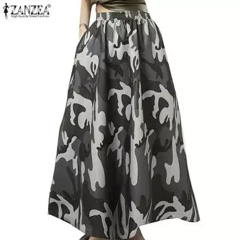 ZANZEA Женские повседневные свободные длинные юбки с эластичным поясом и камуфляжным принтом S хаки