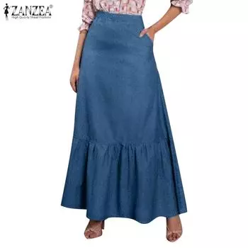 ZANZEA Женские повседневные свободные длинные юбки с высокой талией L темно-синий