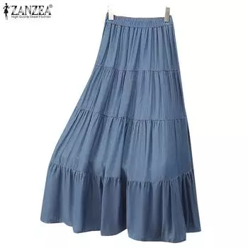 ZANZEA Женские повседневные свободные длинные юбки с эластичной резинкой на талии M синий