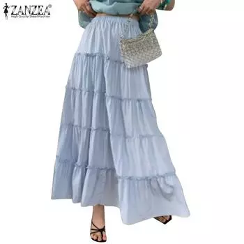 ZANZEA Женские повседневные свободные длинные юбки с эластичной резинкой на талии 3XL синий