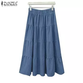 ZANZEA Женские повседневные свободные длинные юбки с эластичной резинкой на талии S темно-синий