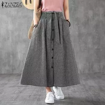 ZANZEA Женские повседневные свободные длинные юбки с сетчатым принтом S чёрный