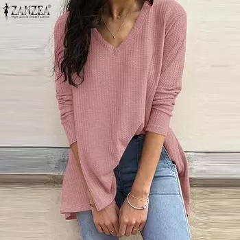 ZANZEA Женские повседневные свободные футболки с длинным рукавом и V-образным вырезом S чёрный